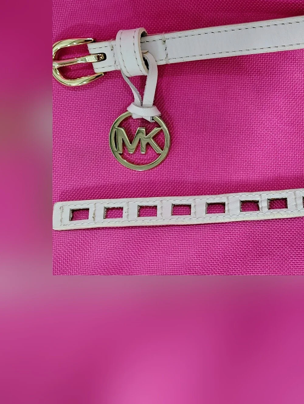 Michael Kors Skinny White Leather Belt w Gold MK Charm & Square Cut-outs